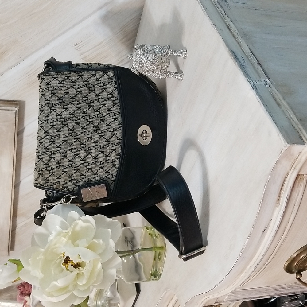 Anne Klein Black and Gray Logo Shoulder Bag with Black Leather Strap